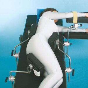 Woman laying sideways in a lateral positioner